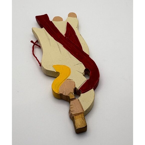 Vintage Wooden Angel Christmas Tree Ornament with Trumpet Horn & Red Sash - Picture 5 of 7